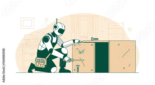 Robot Assembly Furniture In The Home Artificial Intelligence Automation Concept