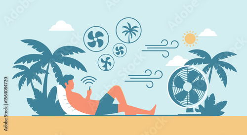 Relaxing Under Palm Trees With Fan Breeze And Using Wireless Communication
