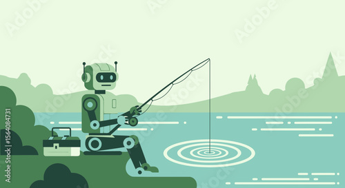 Robot Enjoying Fishing At The Lake And Relaxing Using Technology For Leisure