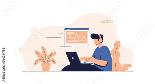 Remote Developer Writes Program Code on Laptop at Desk in Modern Office