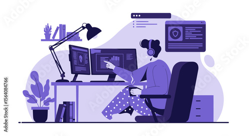Remote Worker Analyzing Charts Working At Home Wearing Pajamas Headset