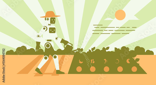 Robot Farmer Watering Crops On A Farm Field Under The Summer Sun