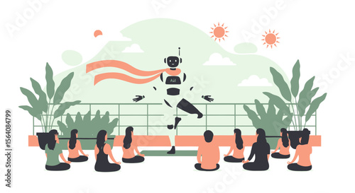 Robot Instructs Yoga Class Outdoors With Sunshine Serenity And Peaceful Meditation