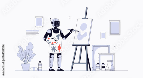 Robot Creates Art In Its Studio With Easel And Supplies In Minimalist Style