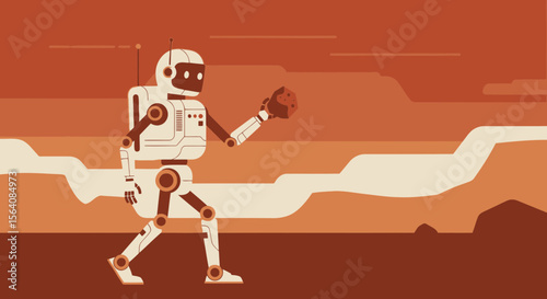 Robot Explorer On Mars Landscape With Rock Discovery For Space Exploration