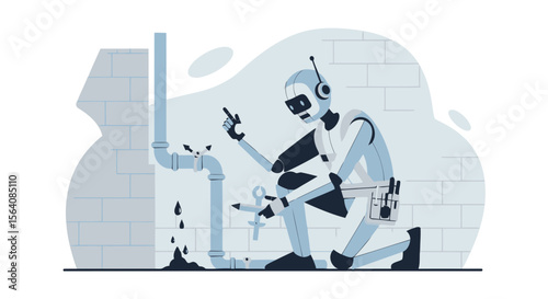 Robotic Plumber Fixing Leak In Piping System With Modern Tools