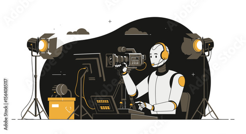 Robot Videographer Directing A Film Shoot With Camera And Lighting Equipment