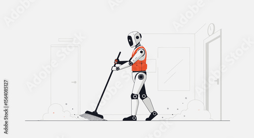 Robotic Assistant Sweeping Floor In Building For Futuristic Housekeeping