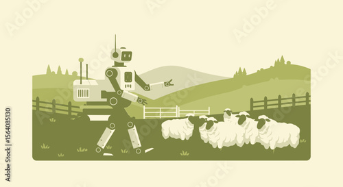 Robotic Shepherd Directing Flock Of Sheep On A Green Farm Future Concepts