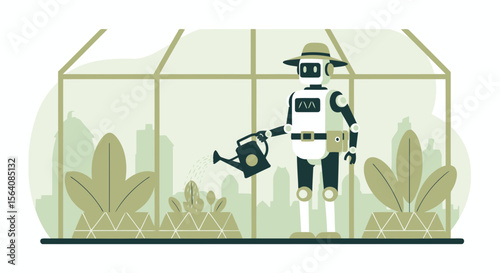 Robotic Gardner In Greenhouse Watering Plants Against Cityscape Background