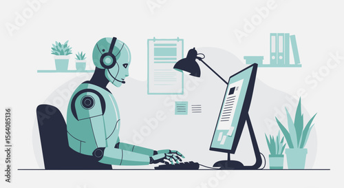 Robotic Assistant Working At Desk Streamlining Operations With Ai Technology