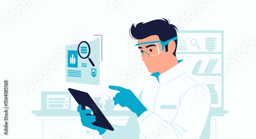 Scientist Examining Data On Tablet In Laboratory Setting With Protective Gear