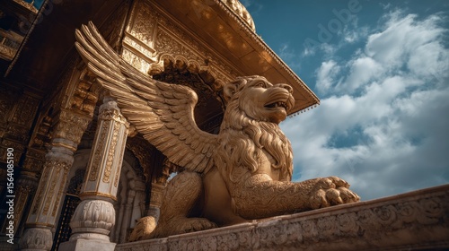 Winged lion statue on temple