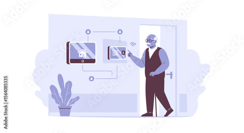 Senior Man Utilizing Smart Home Automation Technology For Daily Life Assistance