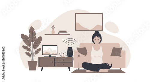 Serene Woman Meditating At Home With Smart Home Technology And Houseplant
