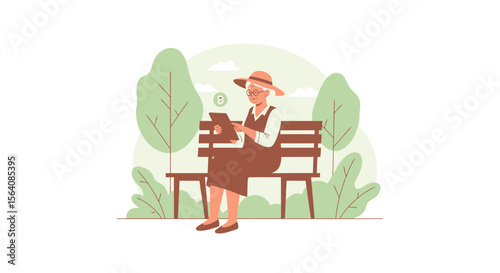 Senior Woman Enjoying Nature And Using Tablet In Serene Park Setting Illustration