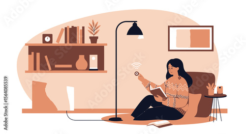 Smart Home Automation Lifestyle Woman Relaxing With Book and Controlling Lights