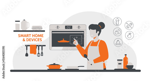 Smart Home Modern Kitchen Appliances Woman Preparing Food Illustration