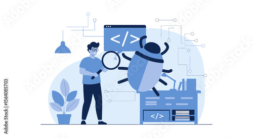 Software Engineer Inspecting Bugs in Application Source Code with Magnifying Glass