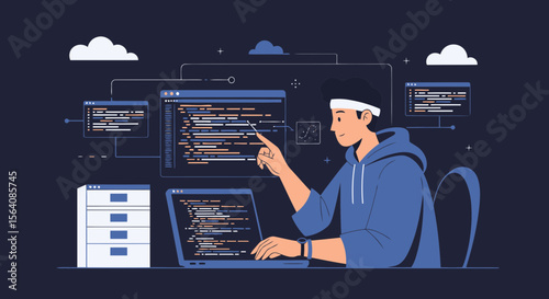 Software Developer Inspecting Code On Multiple Screens For Project Analysis