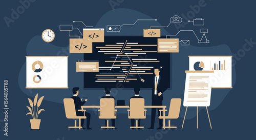 Software Developers Team Meeting Analyzing Data Code for Improvement Ideas