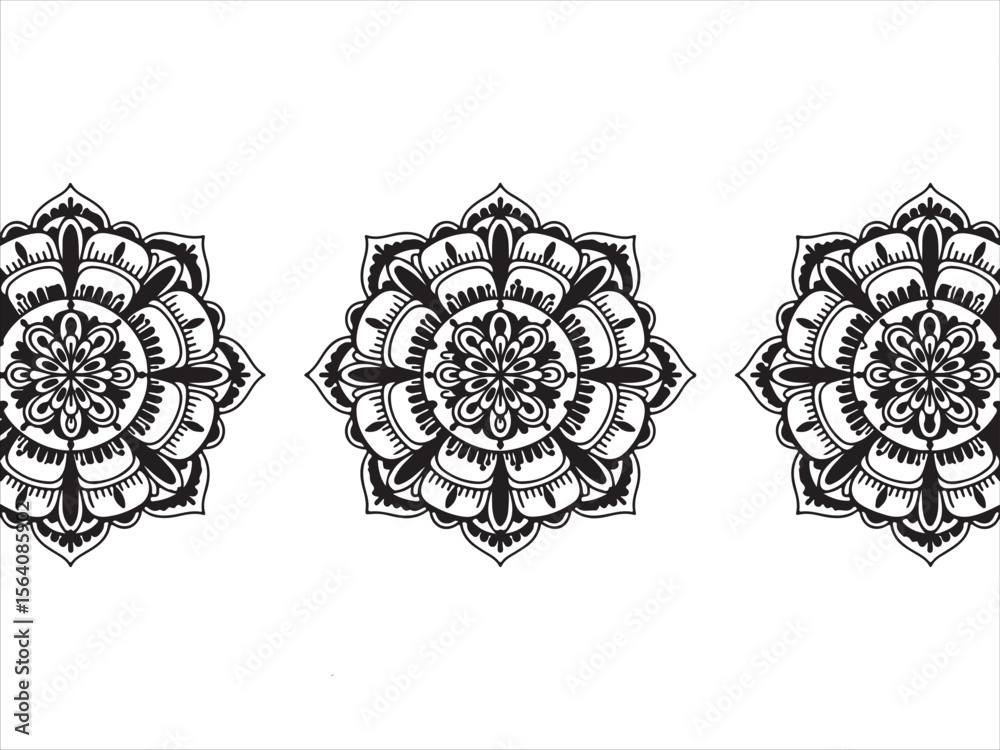Fototapeta premium Three symmetrical black and white floral mandalas arranged horizontally on a white background