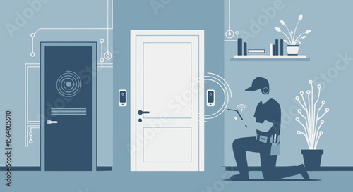Technician Adjusting Smart Home Security System Technology For Protection