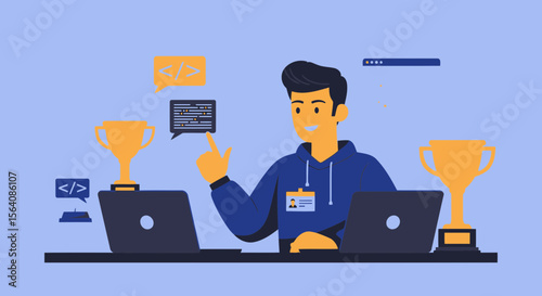 Successful Coder Winning Code Competitions with Modern Flat Vector Illustration
