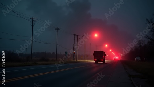 Truck on Foggy Road at Night photo