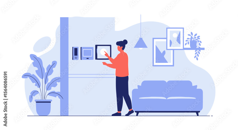 Obraz premium Woman Interacting With Smart Home Automation System Touchscreen Interface
