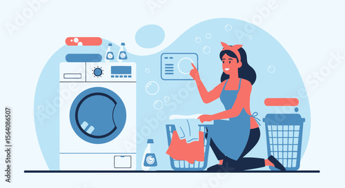 Woman Doing Laundry Pressing Button On Washing Machine Doing Housework