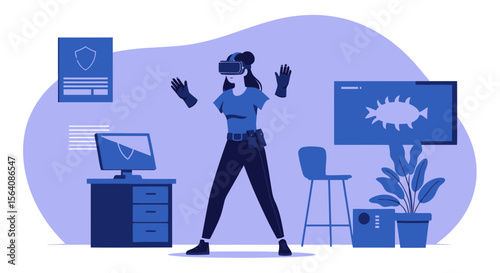 Woman Experiencing Immersive Virtual Reality Training For Security Procedures