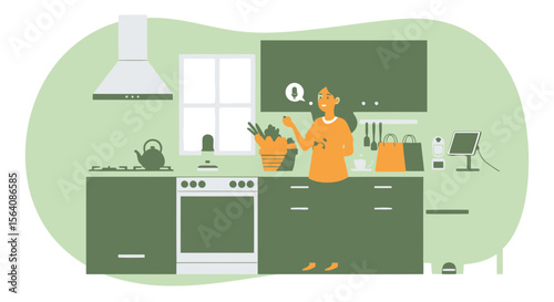 Woman In Kitchen Using Voice Assistant While Preparing Healthy Food At Home