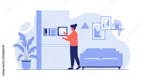 Woman Interacting With Smart Home Automation System Touchscreen Interface