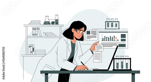 Woman Scientist Analyzing Data In Laboratory With Laptop And Scientific Equipment