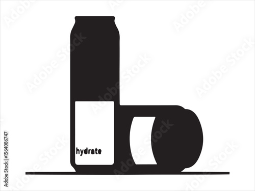 Minimalist black and white illustration of two beverage cans with the word hydrate