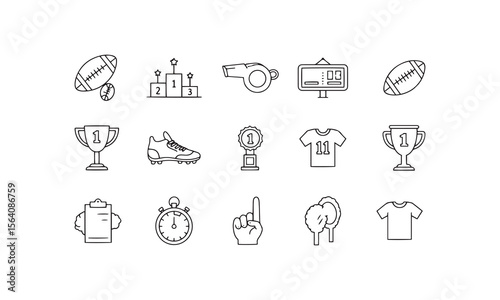 "Sports and Competition Line Icons Set – Trophy, Football, Stopwatch, Jersey and Game Elements Vector"