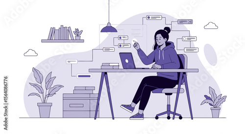 Woman Working Remotely Connecting Flowchart at Home in a Minimalist Modern Office