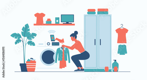 Woman Sorting Laundry In Modern Laundry Room With Smart Home Integration Design