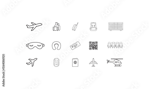 "Air Travel and Airport Essentials Line Icons Set – Vector Flight and Tourism Symbols"