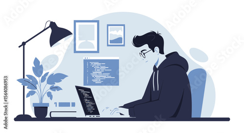 Young Man Coding From Home In Blue Tones Creates Software With Laptop