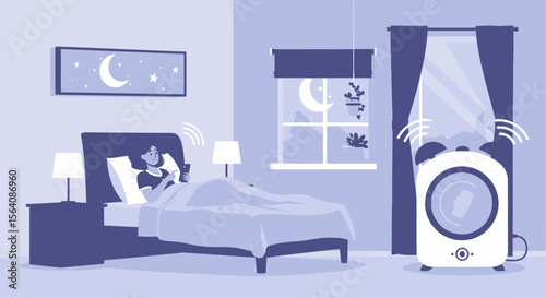 Woman Using Smartphone Before Sleep In A Bed With Air Purifier