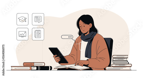 Woman Using Tablet For Online Education And Reading Books At Home