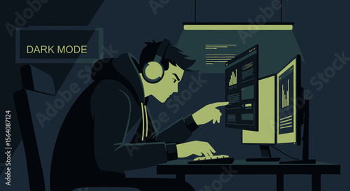 Young Man Working On Dual Monitors Late At Night Dark Mode Concept