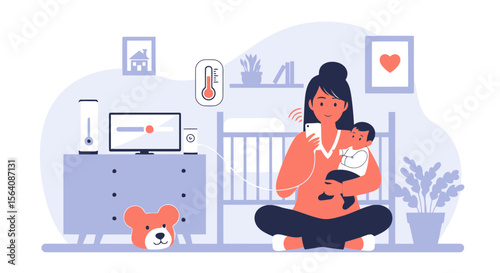 Young Mother Using Smart Home Technology While Holding Her Baby Indoors