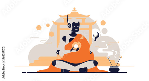 Zen Android Contemplating Spirituality Before a Torii Gate In a Meditative Pose