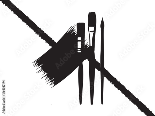 Black silhouette of paintbrushes and a textured brush stroke on a white background