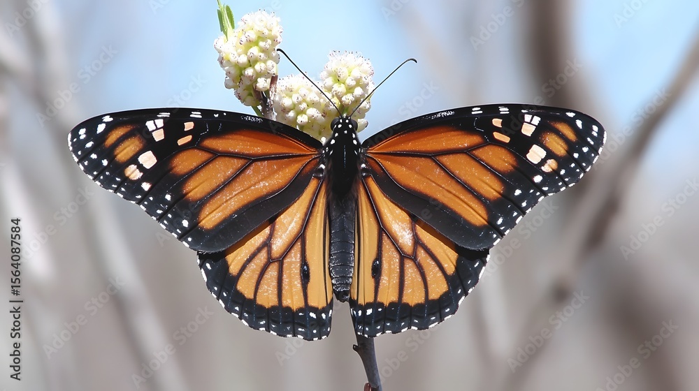 Fototapeta premium Stunning Monarch Butterfly on Branch with White Flowers