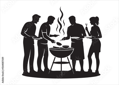 Summer BBQ Gathering Friends Enjoying Delicious Grilled Food and Festive Fun, vector design