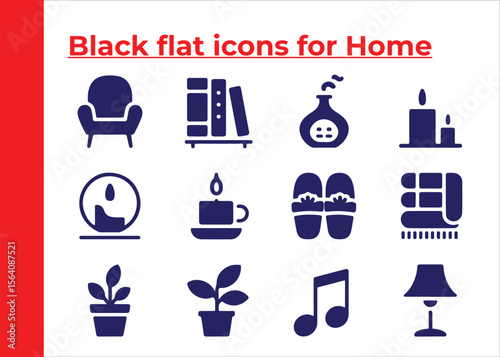 Cozy Home Black Flat Icons for Interior Design, Relaxation, and Comfort, vector design